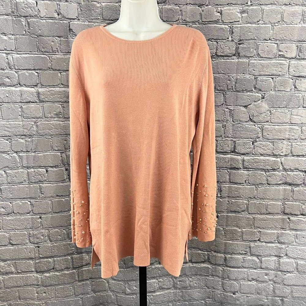 Whisper Knit By Louis Dell Olio Womens Pink Pearl Sleeve Sweater‎ Size L NEW